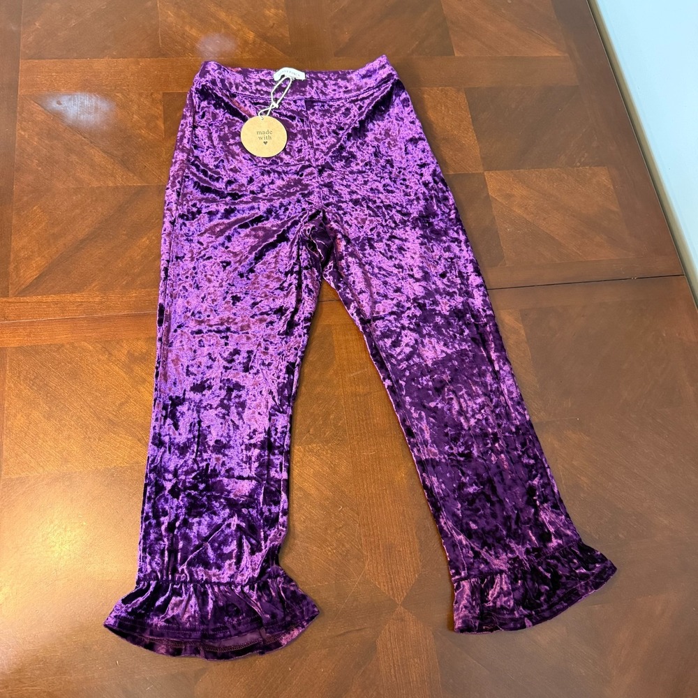 Purple Velvet Cropped Flare Pants Ruffle Hem Fairycore Disco Hippie S